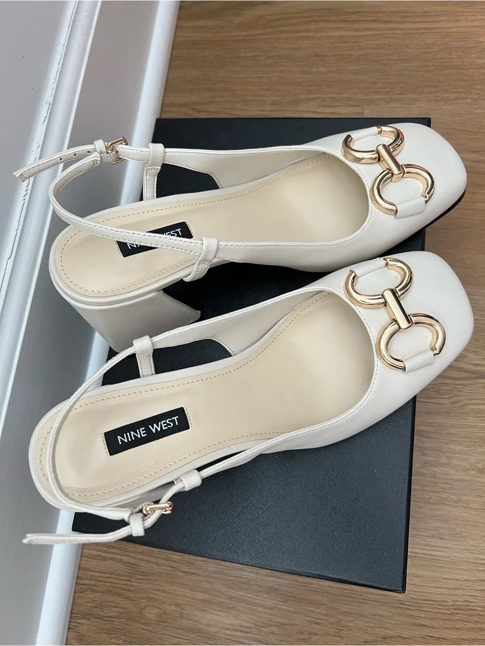 Nine West Ivory Slingback Block Heel Pumps with Gold Hardware